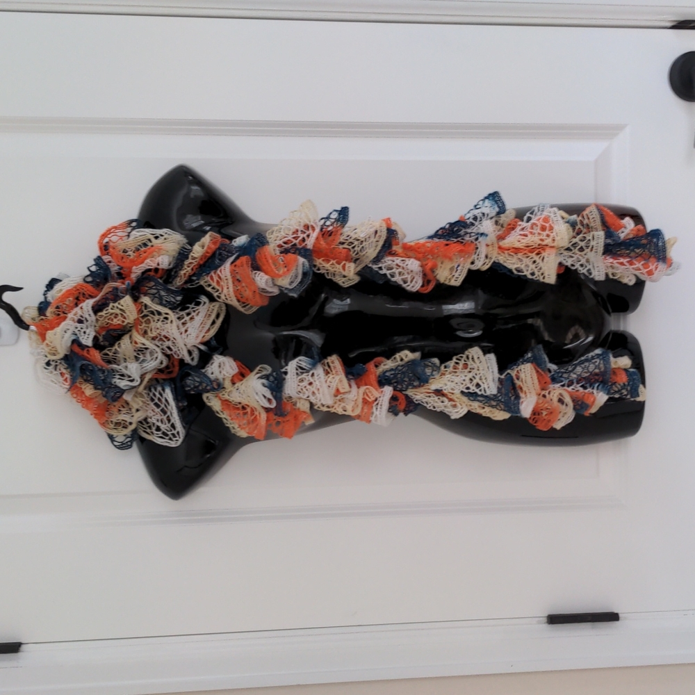 Frilly Knit Blue, Orange, Cream Long Scarf; Broncos Colors!
